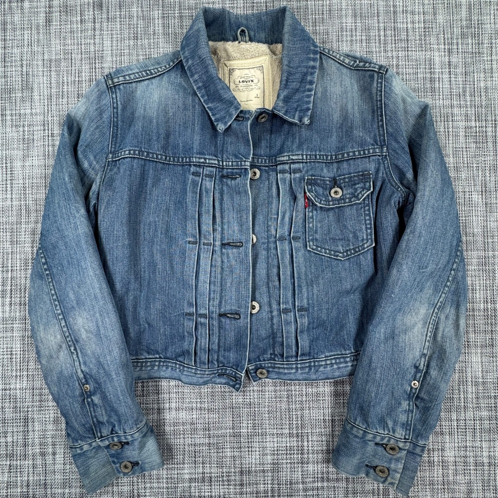 Levis Womens Denim Trucker Jacket Faux Fur Lined Cropped Blue Medium Gorpcore